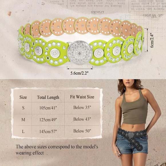 Women Vintage Disc Waist Concho Leather Belt Boho Waist Belt Light Green Silver main image 6